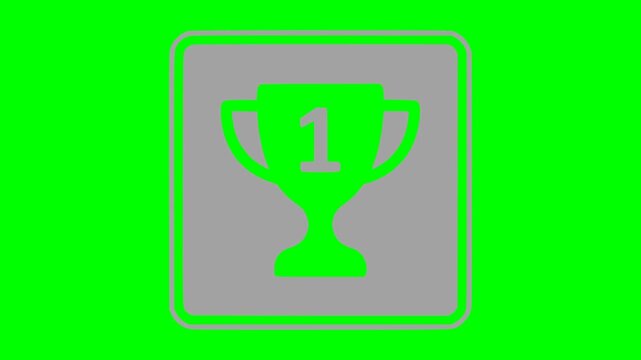 nimation of a winner trophy icon with blinking white light inside a rounded square sign over a green screen chroma key background. Detailed graphic element for video editing