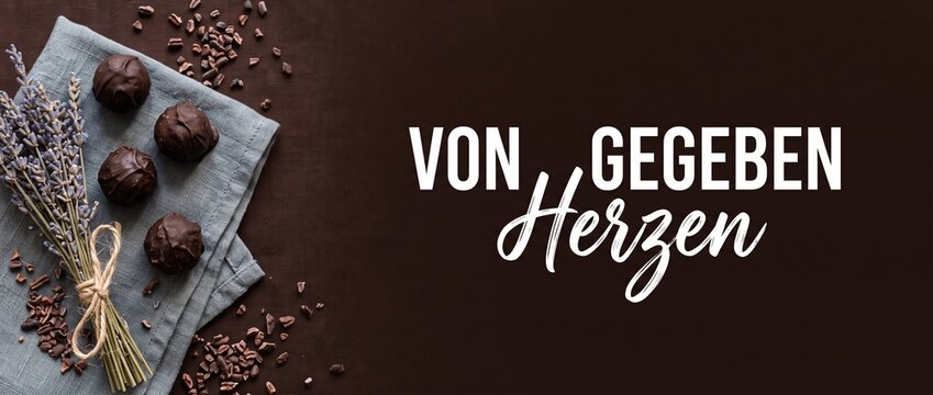 Dark chocolate truffles lavender praline flatlay with German text Von Herzen Gegeben for Mother's Day, Valentine's Day, luxury gourmet gift banner concept background, cocoa nibs, artisanal dessert.