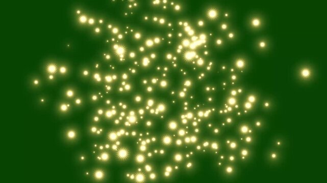 Glowing golden glitter sparkle burst overlay, twinkling magic stars, shimmering star fairy dust particles, explosion, shine effect, dark green background motion seamless 4K