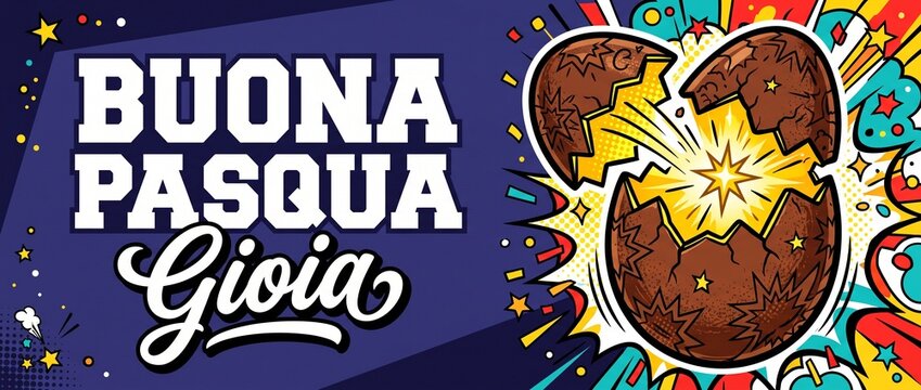 Buona Pasqua chocolate Easter egg exploding in pop art style banner background for holiday celebration, vibrant comic book graphic design card with joy greeting text for seasonal promotion and marketi