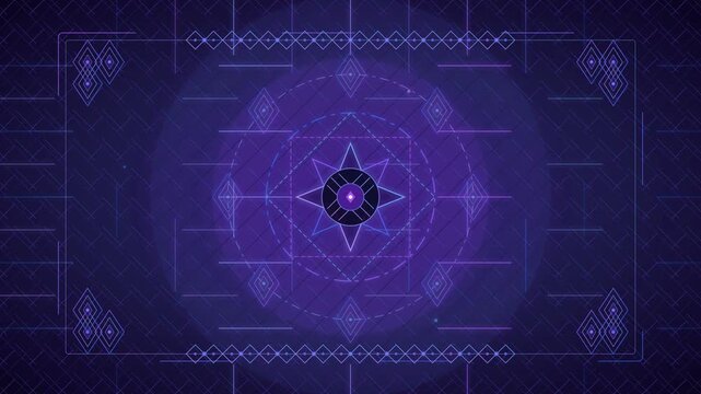 Abstract motion graphic featuring a central geometric star with concentric circles and diamond shapes on a royal purple cross-hatched background with technical lines and HUD elements.