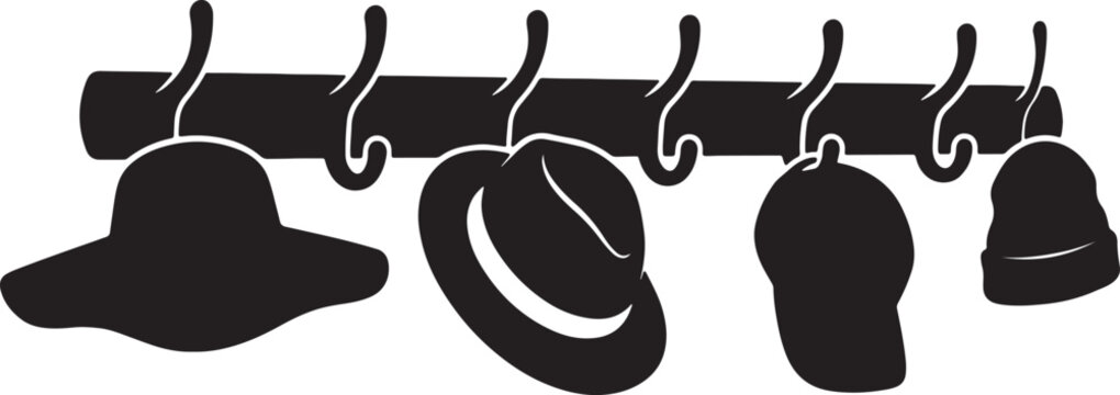 Black solid silhouette icon of a wall coat rack with multiple hooks and various hats hanging on it also transparent background