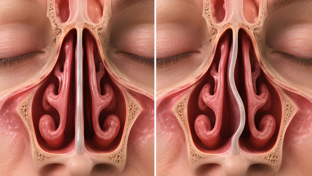 Deviated nasal septum versus normal nasal cavity comparison medical illustration showing realistic nose anatomy for ENT education, radiology reference, healthcare training, and patient education
