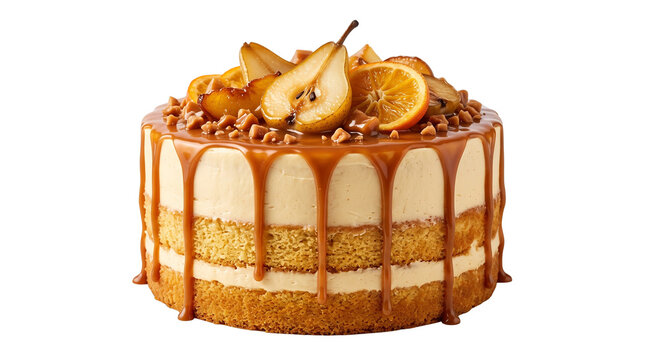 Gourmet caramel drip cake with poached pears. Layered sponge cake with salted caramel sauce. Autumnal fruit dessert for celebrations. isolated PNG with Transparent Background