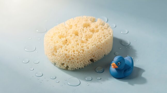 Natural sea sponge beside rubber duck on wet surface.