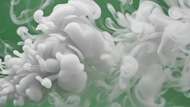 Thick white smoke cloud billowing and swirling across a bright green screen background for visual effects compositing