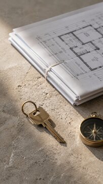Architectural floor plans, a brass key, and a compass on a textured stone surface representing real estate planning.