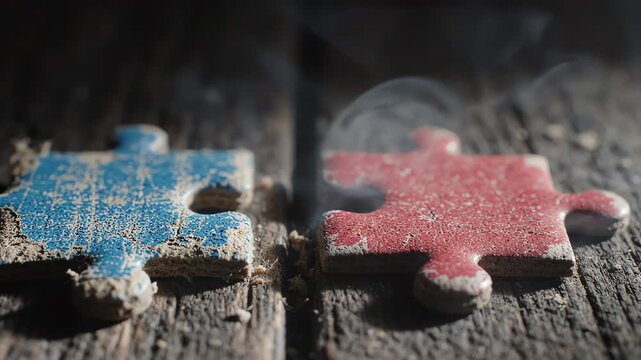 Two weathered mismatched puzzle pieces lying on a dark textured surface with subtle smoke drifting across representing disconnection and emotional strain