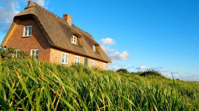 Traditional thatched roof brick house on Sylt island with green grass meadow in foreground under a blue sky at a tilted camera angle
