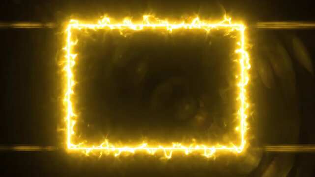 Vibrant neon glowing yellow frame pulsing and flickering against a pitch black background with subtle lens flare effects