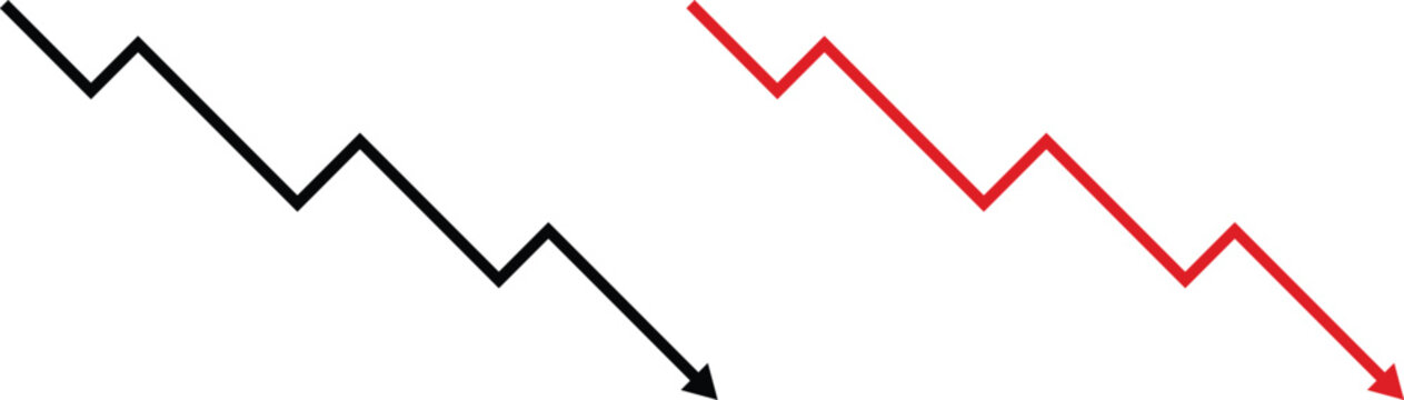 Downward trend chart arrow financial decrease icon set. Stock market crash loss recession and business decline symbol. Black and red zig zag arrow graph
