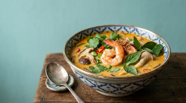 Shrimp noodle soup in a decorative bowl with fresh herbs and spices  