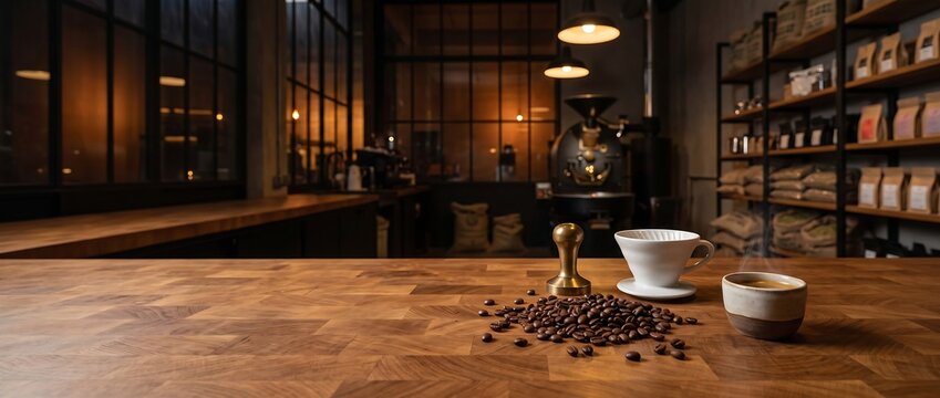 Coffee beans and brewing equipment on a wooden counter in a professional roastery shop