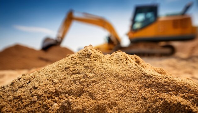 a close up view of a pile of sand with a blurry construction excavator in the background