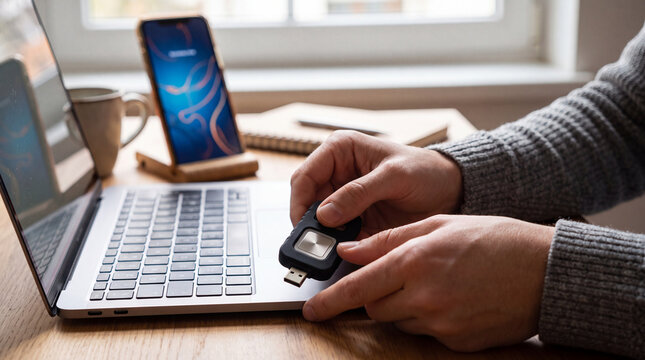 Hand inserts USB authentication token into laptop for two factor login