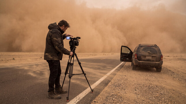Storm chaser films an approaching desert dust wall from a tripod camera