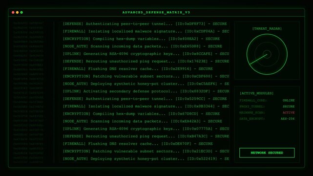 Advanced Cybersecurity Defense Matrix Network Firewall Protection Dashboard Technology Background.