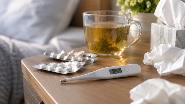 Digital thermometer showing high fever sits on a wooden bedside table with medicine and tea during illness.