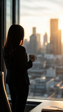 Silhouette of a businesswoman holding a mug while looking at a city skyline through an office window during sunset.