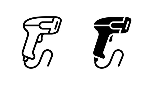 Handheld barcode scanner device with wire and trigger in line art and solid vector icons checkout supermarket business commerce inventory warehouse shipping logistics