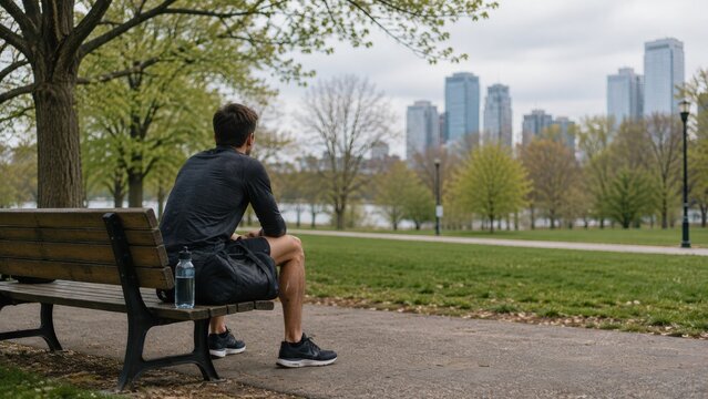 A man in athletic wear rests on a wooden bench in a city park, looking at the distant skyline after a workout.