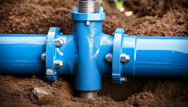 close up of a blue metal water pipe with a bolted flange joint partially buried in muddy soil represents essential infrastructure plumbing work or utility maintenance concepts