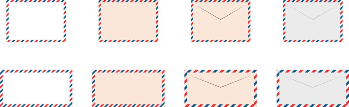 Airmail envelope postal mail message icon set. Vintage post border letter delivery and communication symbol. Vintage red and blue striped airmail envelope