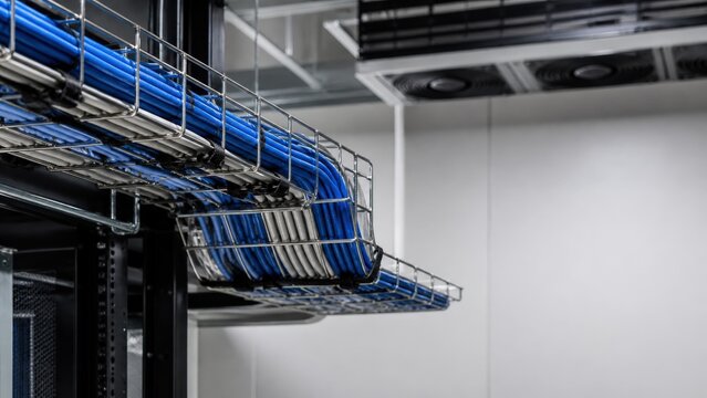Overhead cable management tray with blue network cables in server room