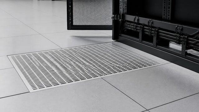 Data center floor vent tile and server rack for technology background