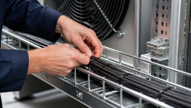 IT technician routing cables in server rack for network infrastructure