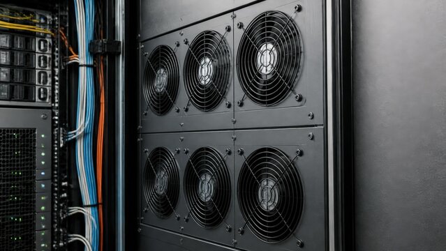 Server rack cooling fans in data center for technology background