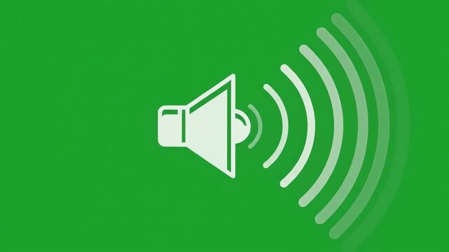 Animated volume speaker icon with expanding sound wave ripples on a bright green screen background for video editing
