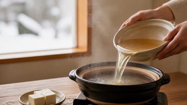 Pouring dashi broth into donabe clay pot for Japanese nabe hot pot