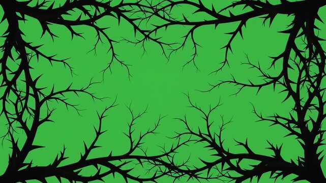Black thorny branch silhouette creeping and wrapping around the frame edges on a bright green screen background for cinematic video transitions