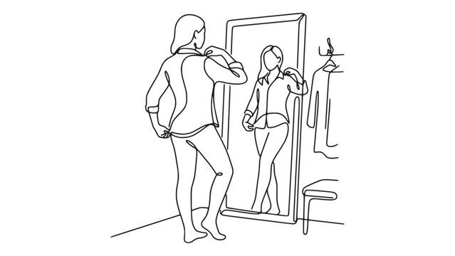 Continuous line of a woman looking at her reflection in a full length mirror while trying on clothes in a room on white background