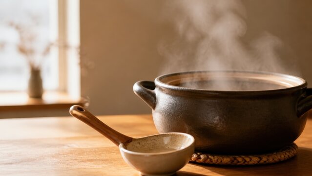 Japanese donabe clay pot steaming on wooden table for winter cooking