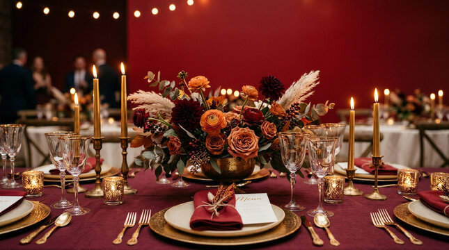 Elegant dining table setup with floral centerpiece and candles  
