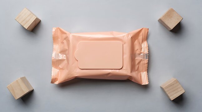 Wet wipe package with wooden cubes arranged around.