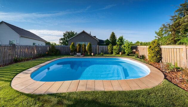 swimming pool in a suburban residential backyard with beautiful landscaping and fencing