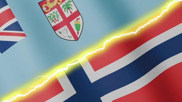 Two waving flags Fiji and Norway with diagonal lightning seamless, 4k loop