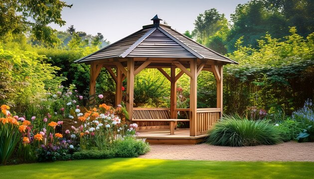 wooden garden gazebo nestled among lush flowers and greenery offering a tranquil outdoor escape and relaxation spot