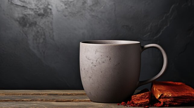 A grey ceramic mug with a worn texture sits on a rustic wooden surface, surrounded by fragments of red clay, against a backdrop of a dark textured wall.