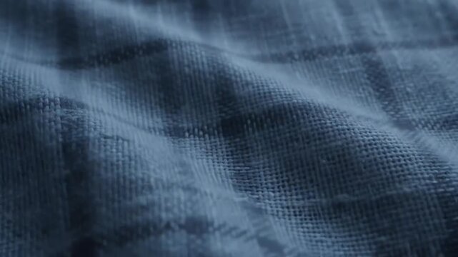 Close up shot of blue wavy fabric with a subtle check pattern and a coarse burlap like texture flowing in gentle ripples for textile backgrounds