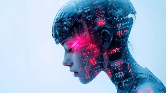 This is a creative image with a futuristic sci-fi style, showing the profile of a cyborg woman with exposed circuit board structures on her head and neck. 