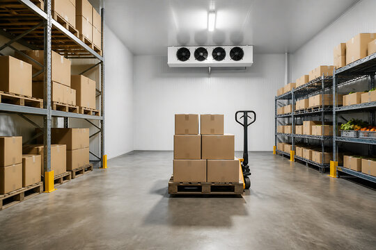 A large, empty warehouse interior with tall metal shelving stocked with boxes on the left and right, and a pallet of stacked boxes in the center.