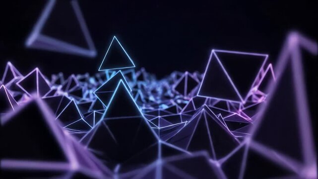 Dark silhouette low poly abstract background with glowing geometric triangles shifting and rotating in seamless motion loop