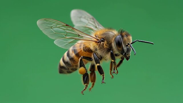 Detailed honey bee hovering and flying in place against a solid chroma key green background with realistic wing blur