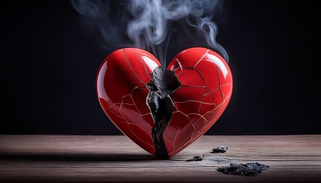 cracked red ceramic heart releasing black smoke as emotional loss metaphor