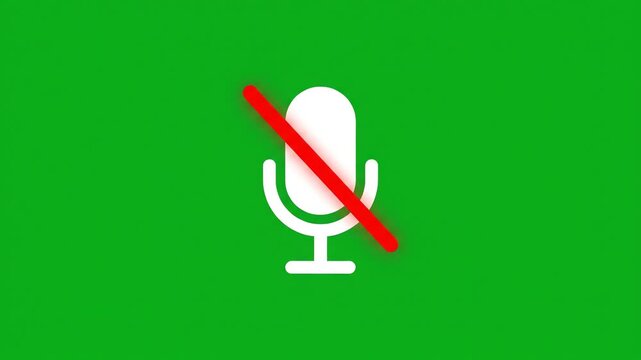 Digital mute microphone icon appearing and pulsing with a red slash on a vibrant green screen background for video editing