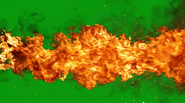 Dramatic fire transition with intense orange flames sweeping across a vibrant green screen background for video editing